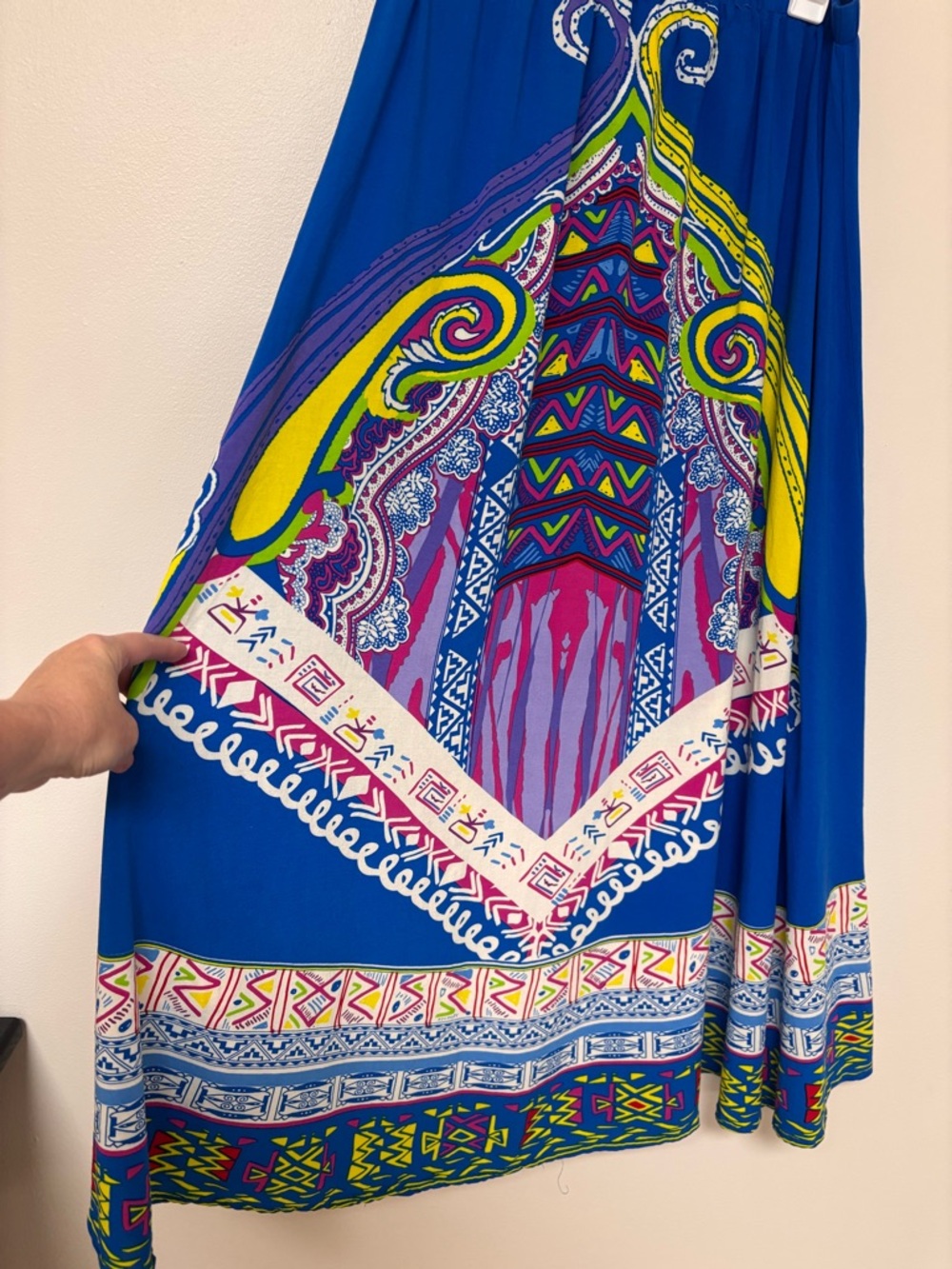 Boho Tribal Print Maxi Skirt Blue Multicolor Elastic Waist Statement Artsy L - Picture 6 of 9